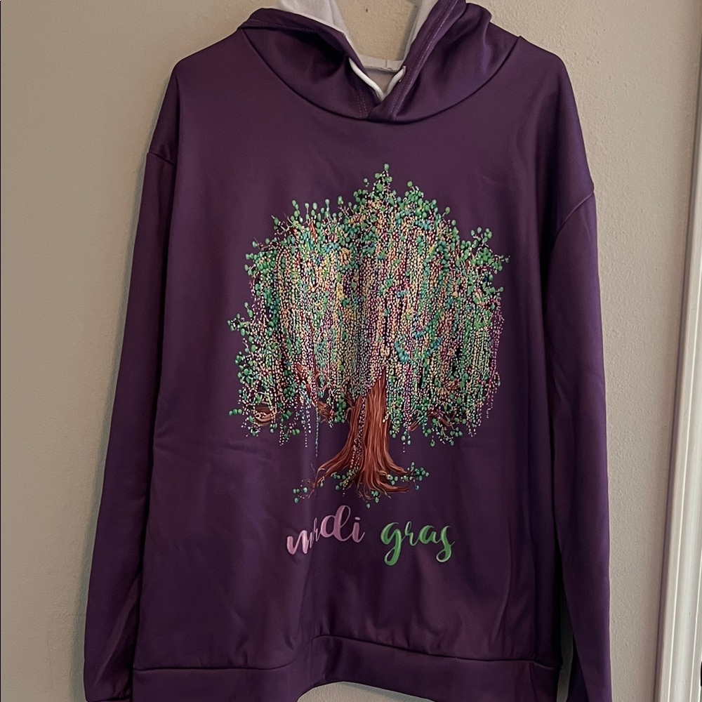 Purple Mardi Gras Hoodie withBeaded Tress Design. 2 XL